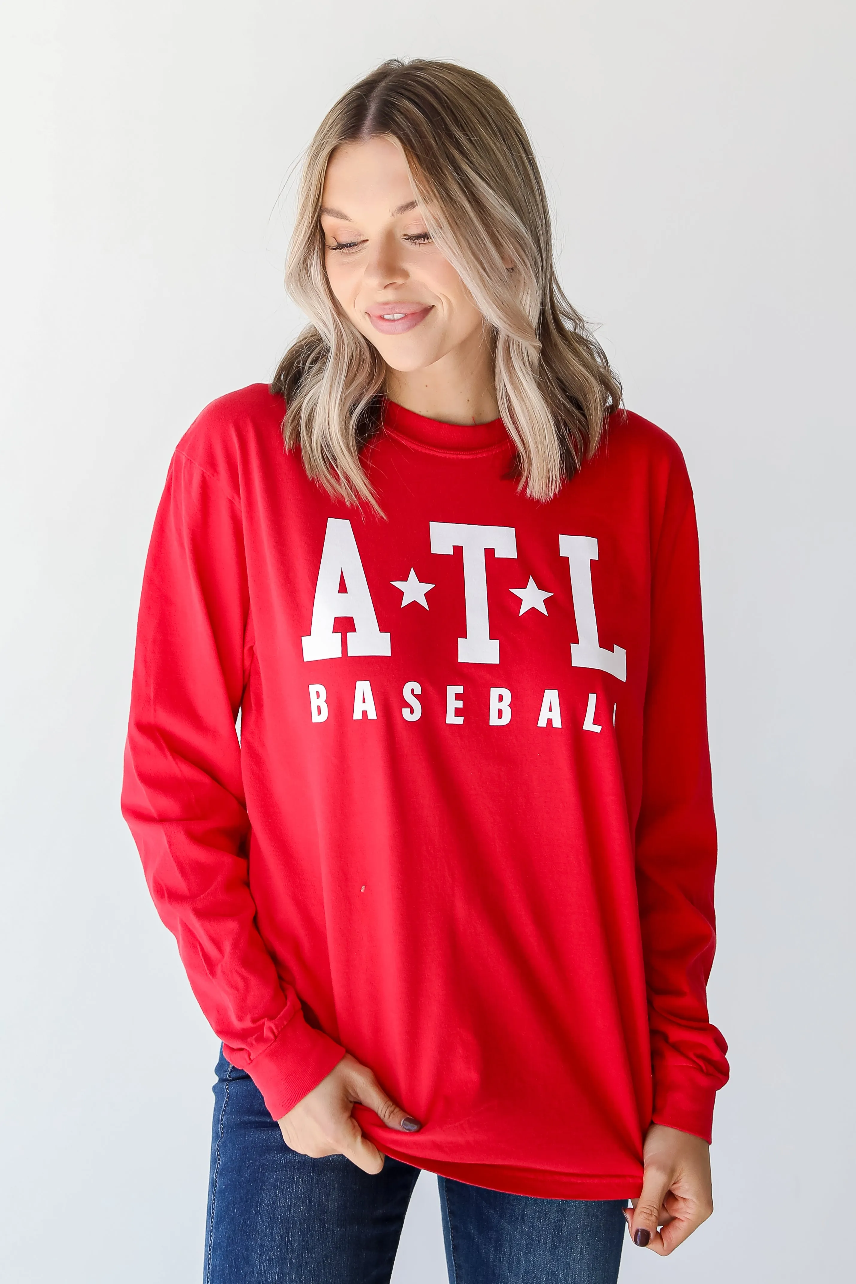 Side Vent Design Flexible Neckline ATL Baseball Star Long Sleeve Tee
