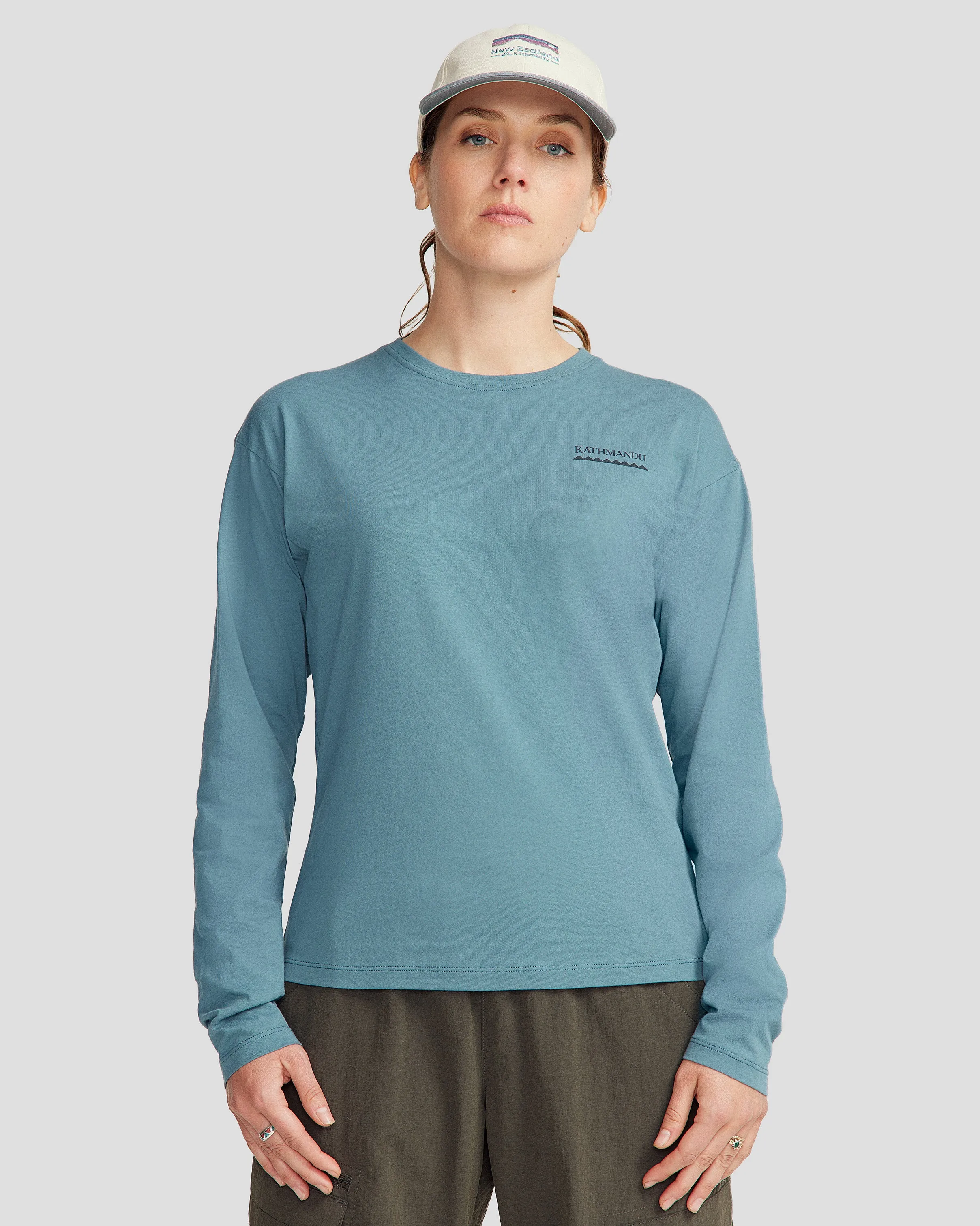 Quick Fit Performance Chic Vibe Heritage Logo Women's Organic Cotton L/S Tee - Washed Blue