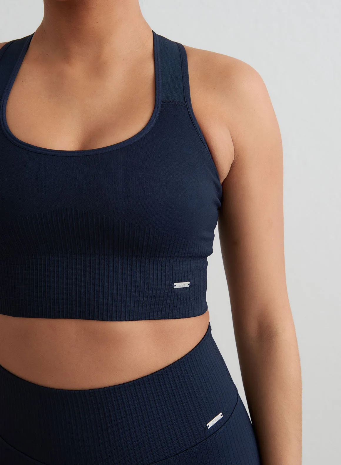 Navy High Support Ribbed Bra Flatlock stitching