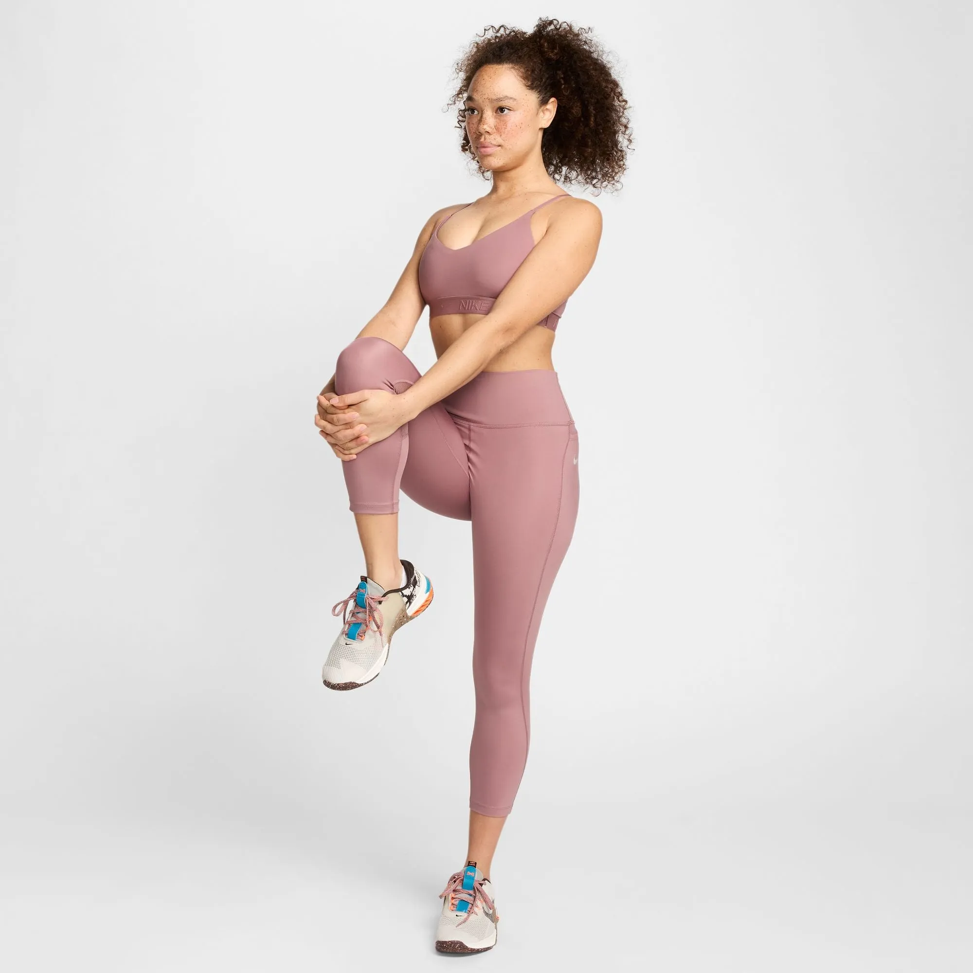 Nike Women's Indy Light-Support Sports Bra Smokey Mauve / Black Non-Restrictive Band Abrasion Resistant Fabric