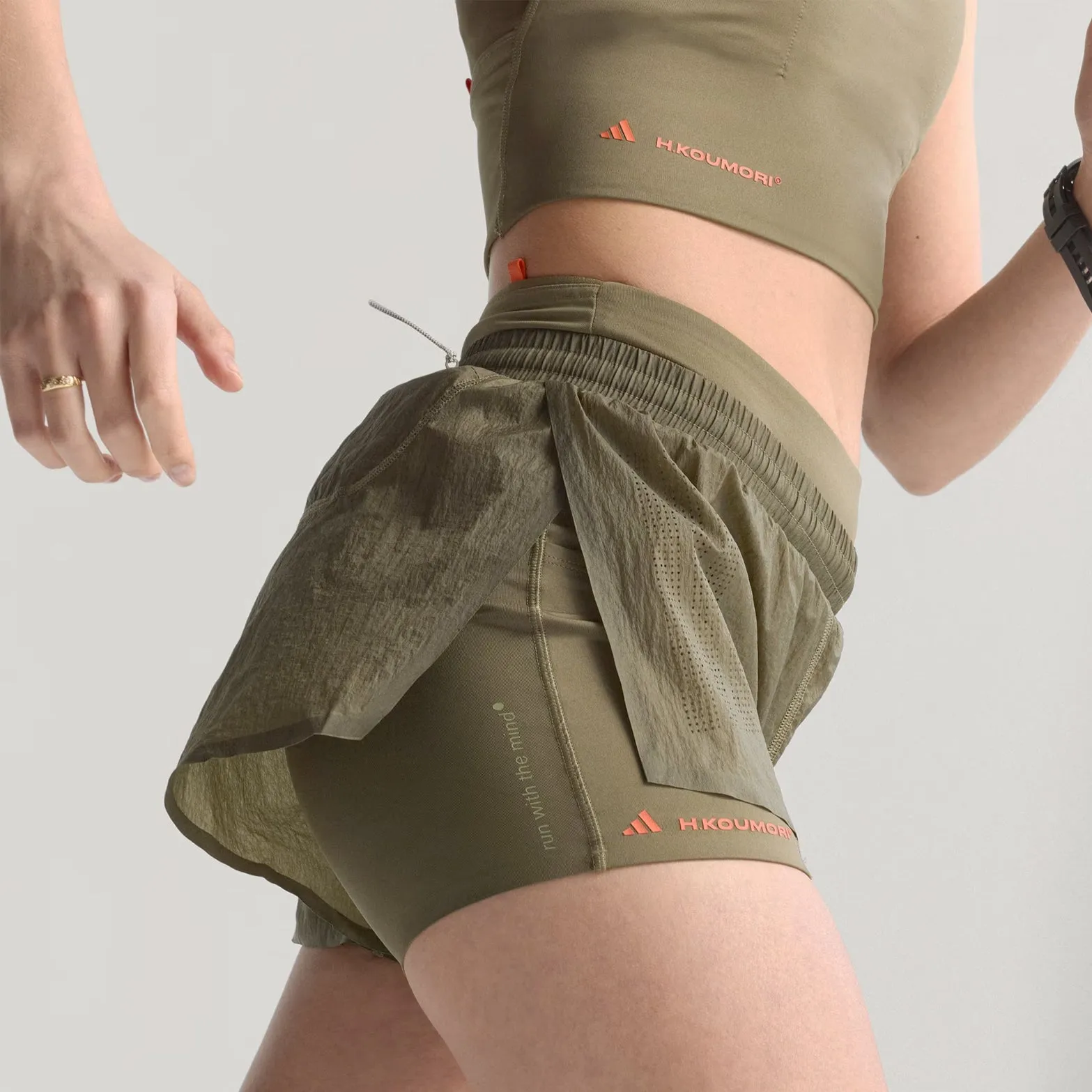 Women's Adi365 H.Koumori Running 2 in 1 Shorts Olive Strata Reinforced Stitching Cotton Glow