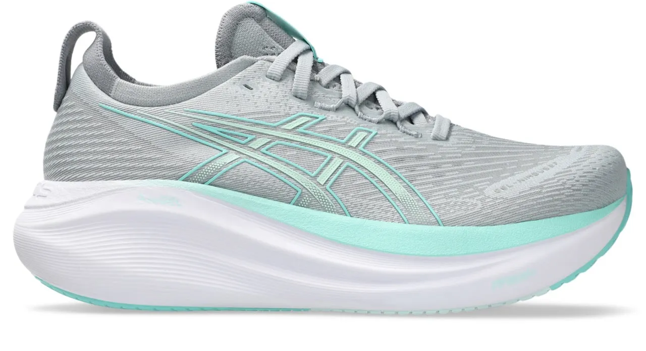 Women's Gel-Nimbus 27 WIDE (020 - Piedmont Grey/Illuminate Mint) Retro design