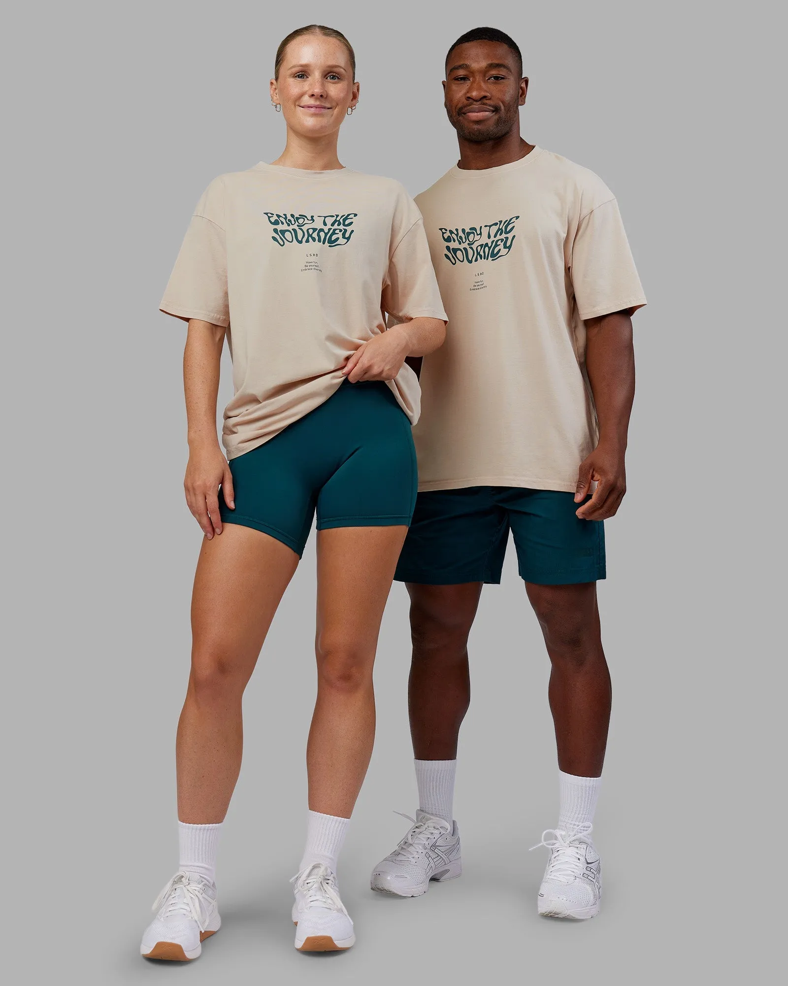 Journey FLXCotton Oversized Tee - Washed Shale Beige-Dark Moss Flexible Waist Easy Layer