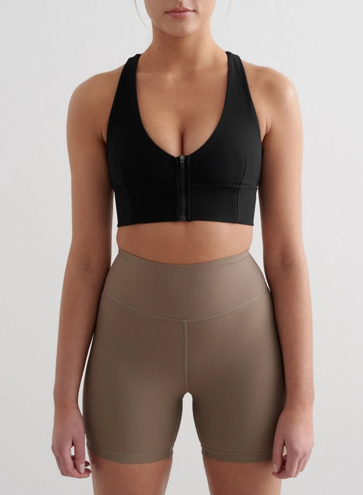 Black Ribbed Performance Zipped Bra Durable Reinforced Edges