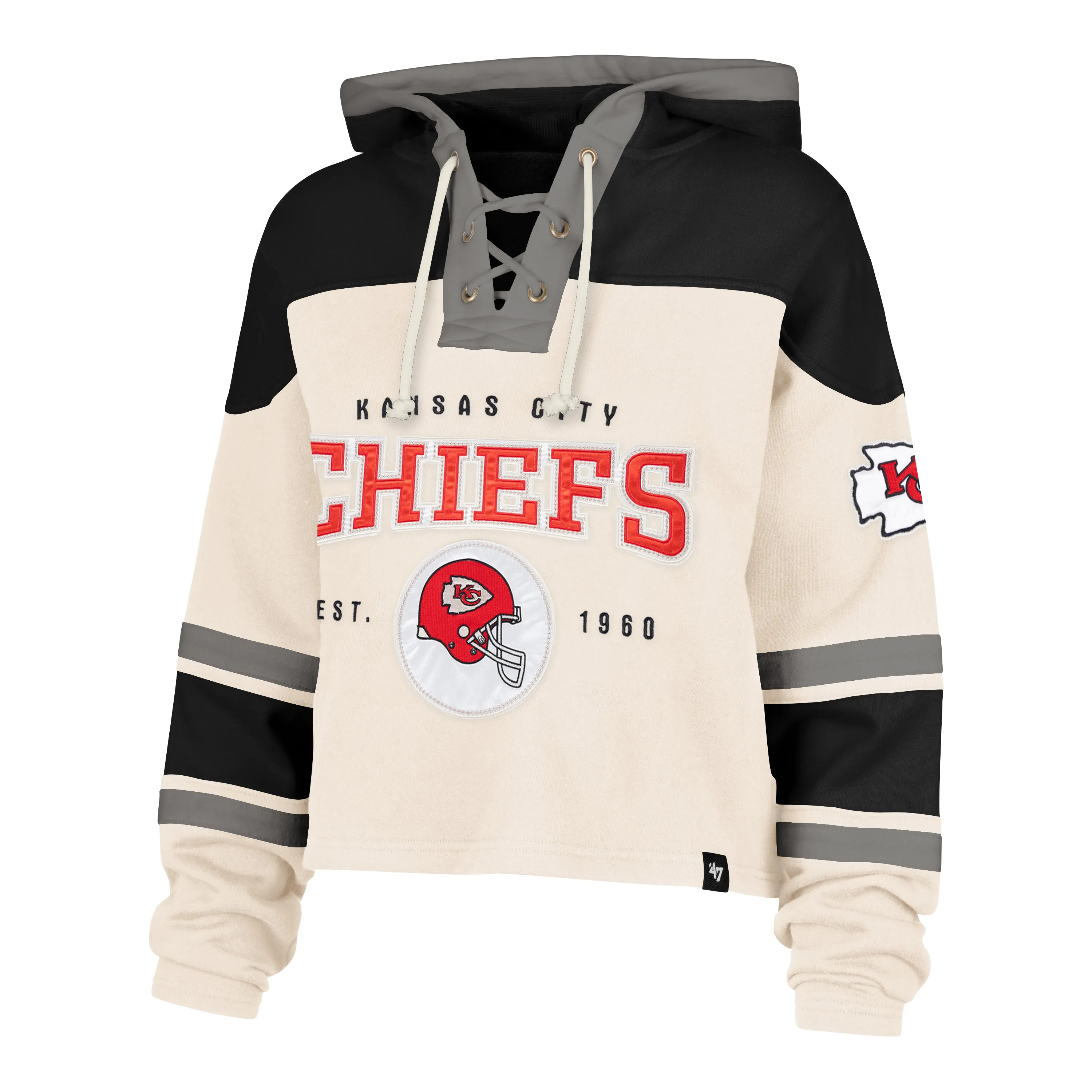 KANSAS CITY CHIEFS CHOP BLOCK CROPPED '47 SUPERIOR LACER HOOD WOMENS Soft Jersey Organic Cotton