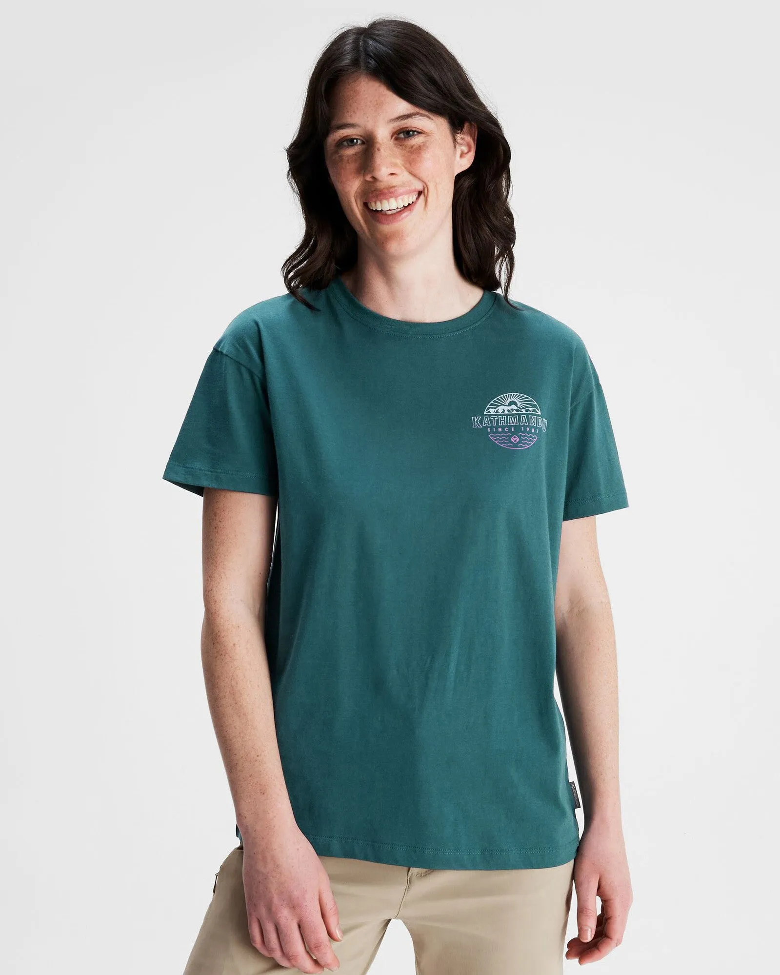 Women's Kathmandu Logo Faded Organic Cotton T-shirt - Deep Lagoon Structured silhouette
