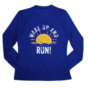 Women's Long Sleeve Tech Tee - Wake Up And Run Geometric Pattern