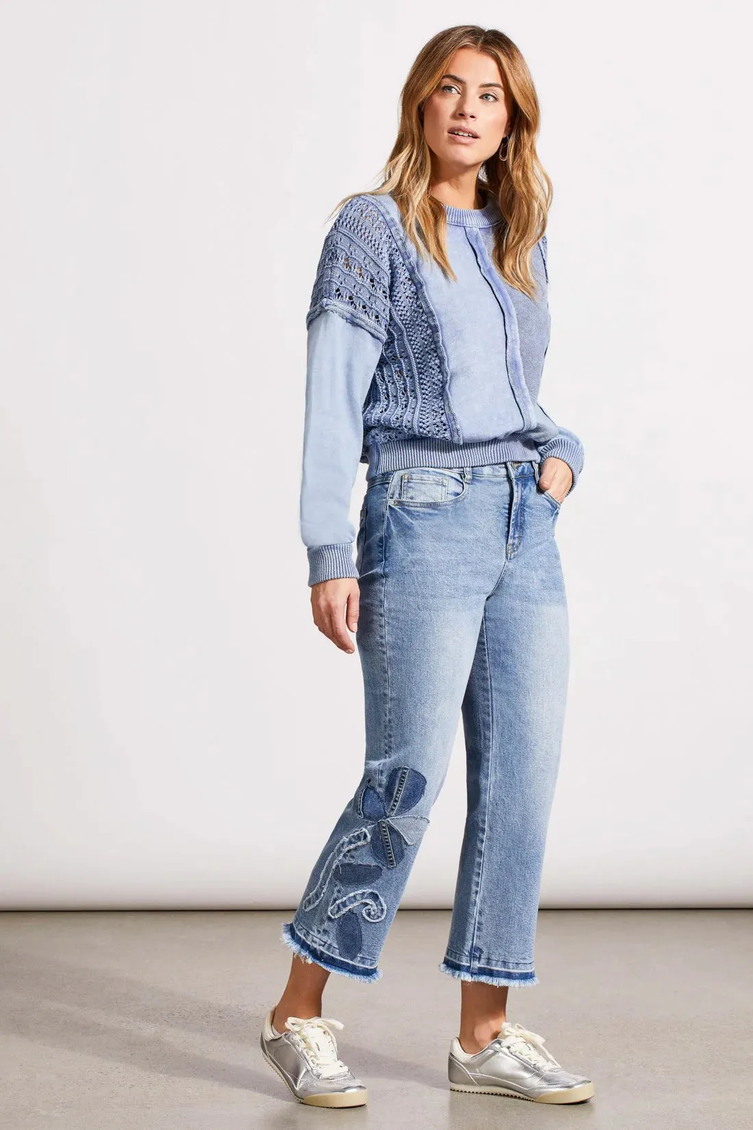 Tribal | Sophia Curvy Microflare Crop Jeans with Novelty Denim Appliqu?? Running Gear Pants Flex Fabric With Recovery