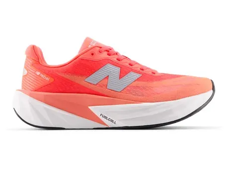 running in a duathlon Shock Diffusing Heel Women's FuelCell Rebel v5 (L5A- Urgent Red/White/Silver Metallic)