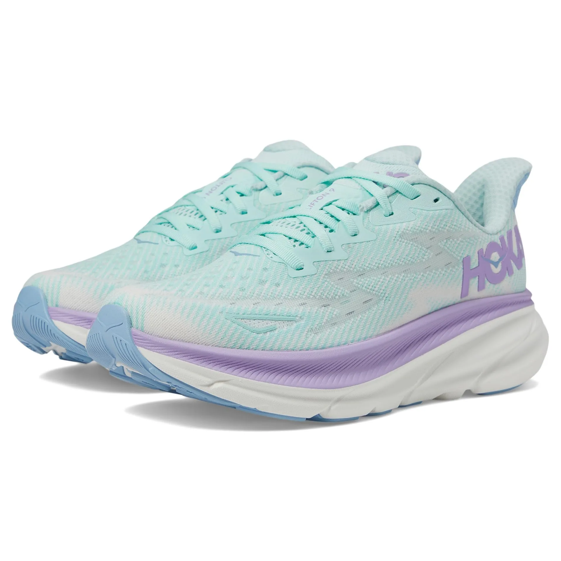 running in a floodplain area shoes Hoka Women's Clifton 9 (Sunlit Ocean/Lilac Mist)