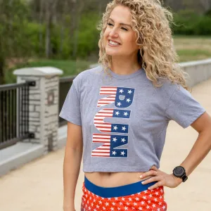 Casual Chic V neck elegance Running Short Sleeve Crop Tee - Patriotic Run