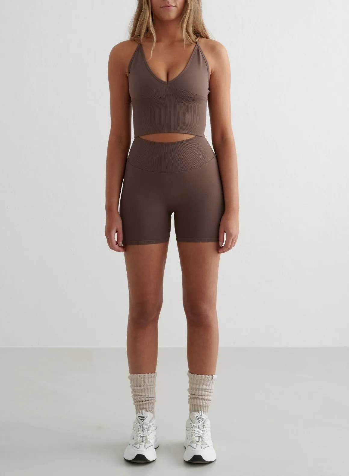 low end market users Macchiato Shape Seamless Hotpants & Cross Back Bralette Set